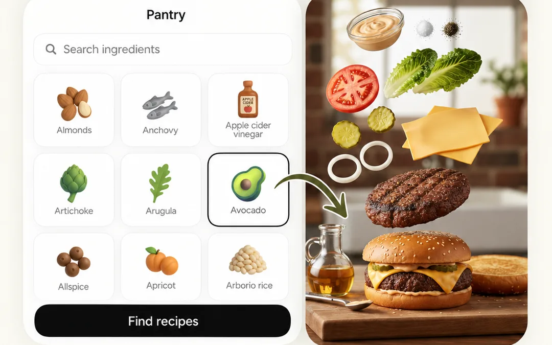 Plate pantry screen with a searchable ingredient list beside a cheeseburger recipe, its components floating above the bun